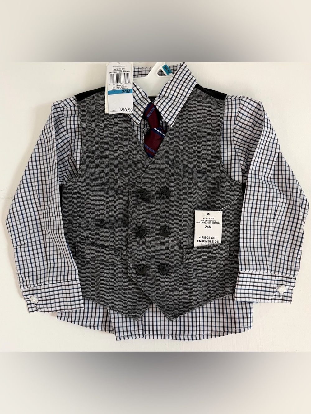 Nautica Gray Herringbone Vest Set w/ Burgundy & Blue Striped Clip-On Tie 24M NWT